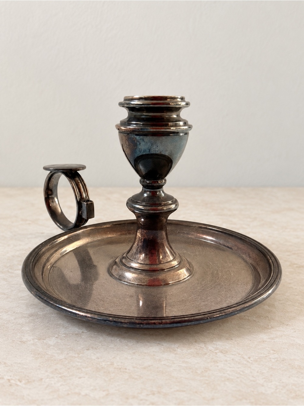 Vintage Silver-Tone Chamberstick Candle Holder - Metallic Black Finish